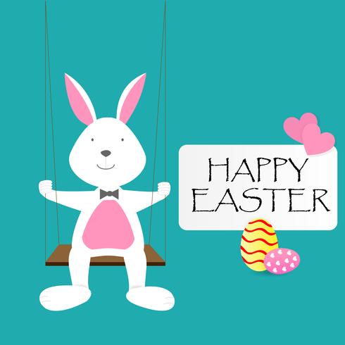 Happy Easter Day greeting text with Rabbit, Eggs and pink hearts vector