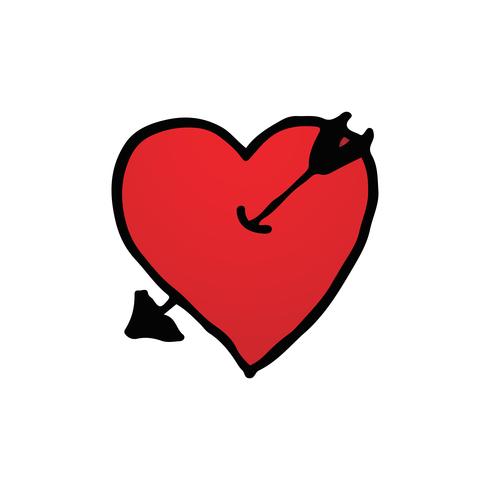 Dé exhausto de símbolo rojo del corazón con el logotipo de la flecha en fondo blanco aislado. Día de San Valentín y concepto de luna de miel romántica. Tema de signo de forma de corazón rojo. ilustración vectorial vector