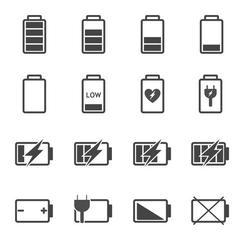 Conjunto de vectores de iconos de batería. Concepto de potencia y combustible