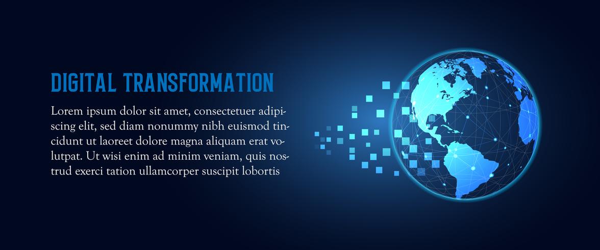 Futuristic change of blue earth digital transformation abstract technology background. Artificial intelligence and big data. Business growth computer and investment industry 4.0 Vector illustration