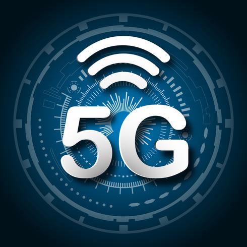 Fondo azul del logotipo de la comunicación móvil celular 5G con transmisión de enlace de línea de red global. Transformación digital y concepto de tecnología. Conexión masiva de dispositivos futuros a internet de alta velocidad vector