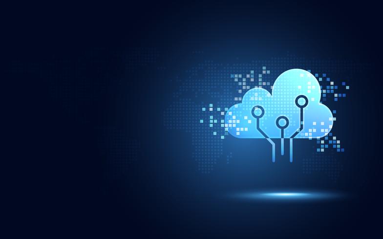 Futuristic blue cloud with pixel digital transformation abstract new technology background. Artificial intelligence and big data concept. Business industry 4.0 and 5g wifi data storage communication.  vector