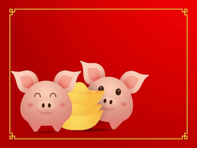 couple cute  pig and gold on red background vector