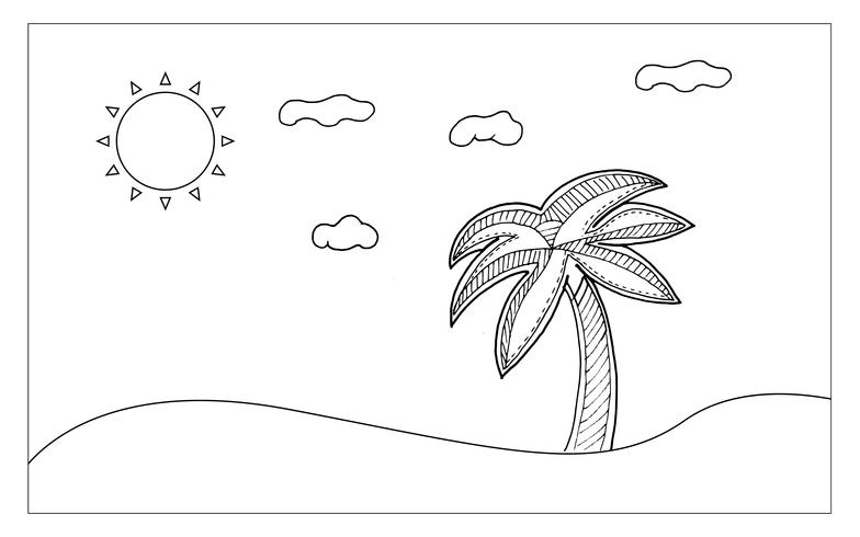 Beach line art for painting and imagine. Nutural and Sketch art concept. Outline theme. Vector illustration background.