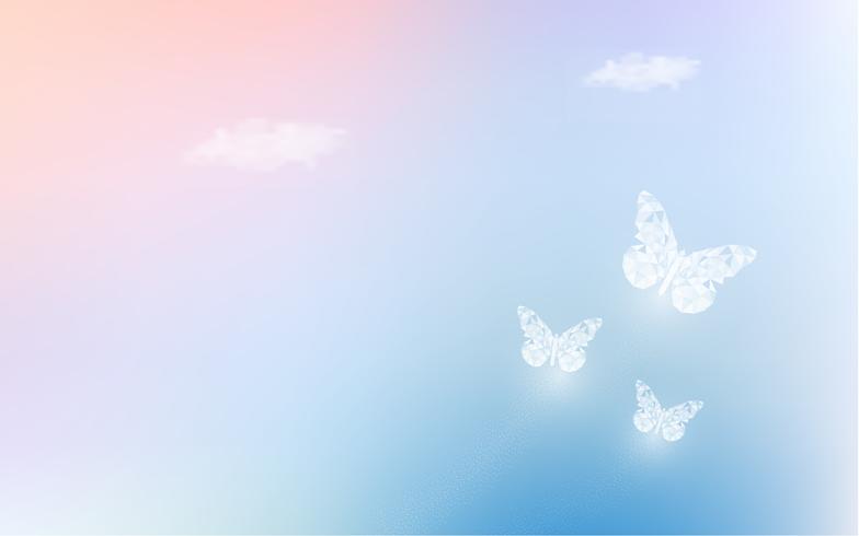 Fantasía soñando el cielo con mariposas de baja poli en el fondo de color pastel. Holograma cielo arco iris y magia colorida cloudscape wallpaper. Por invitación carta carta diseño gráfico del concepto de naturaleza. vector