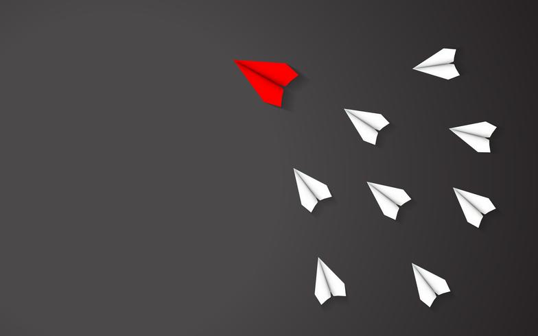 Leadership of Red paper airplane concept between white paper airplane on black background. Key man and Business successful with one direction together. CEO boss teamwork origami vector illustration.