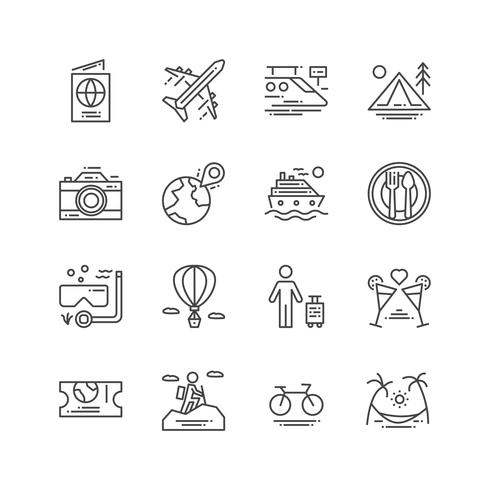 Icono de viajes y actividades. Concepto de ocio y deporte. Concepto de viaje y viaje. Línea fina y conjunto de iconos de contorno. Ilustracion vectorial Conjunto de colección de signos y símbolos. vector