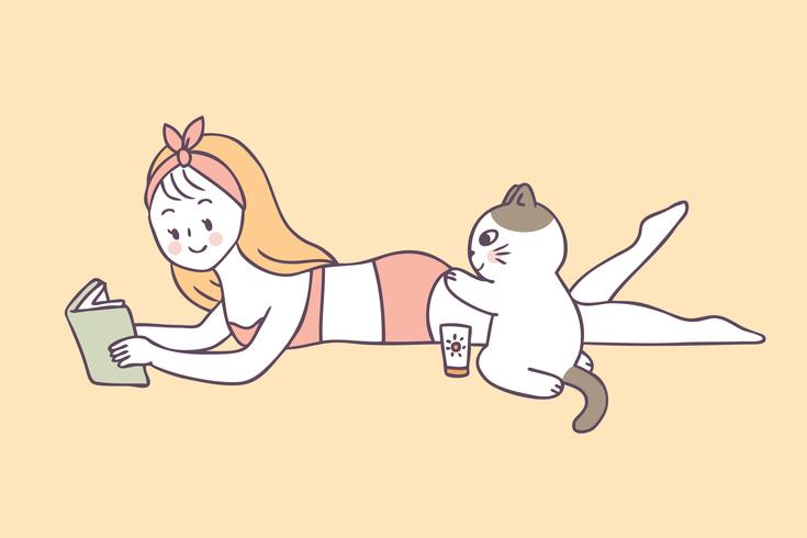 Cartoon cute summer woman and cat vector. vector