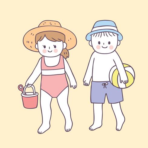 Muchacho y muchacha lindos de la historieta en vector de la playa.