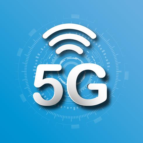 Fondo azul del logotipo de la comunicación móvil celular 5G con transmisión de enlace de línea de red global. Transformación digital y concepto de tecnología. Conexión masiva de dispositivos futuros a internet de alta velocidad vector