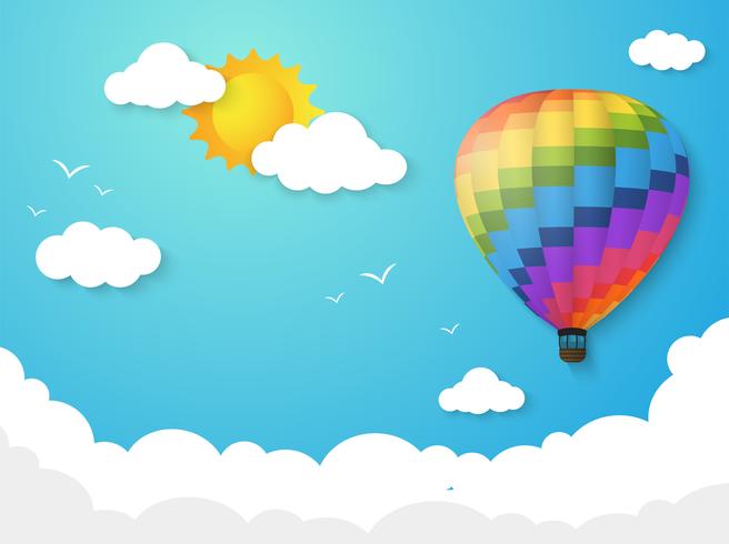 Colorido globo flotando en el cielo con el sol de la mañana. ilustración vectorial. vector