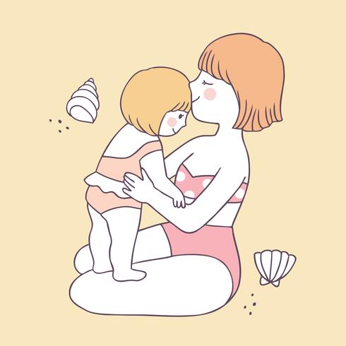 Cartoon cute summer mom and daughter vector. vector