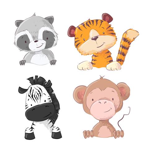 Set of zebra monkey tiger cub raccoon. Cartoon style. Vector