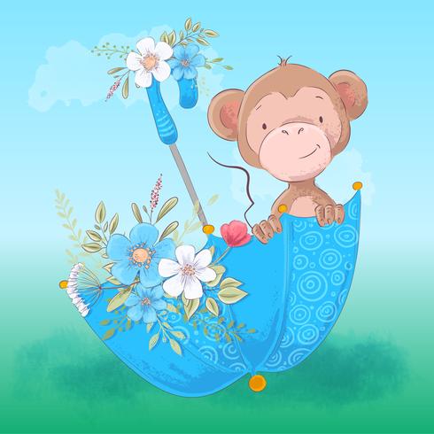 Postcard cute monkey umbrella and flowers. Cartoon style. Vector