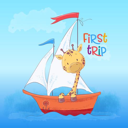 Postcard cute giraffe floating on the boat. Cartoon style. Vector