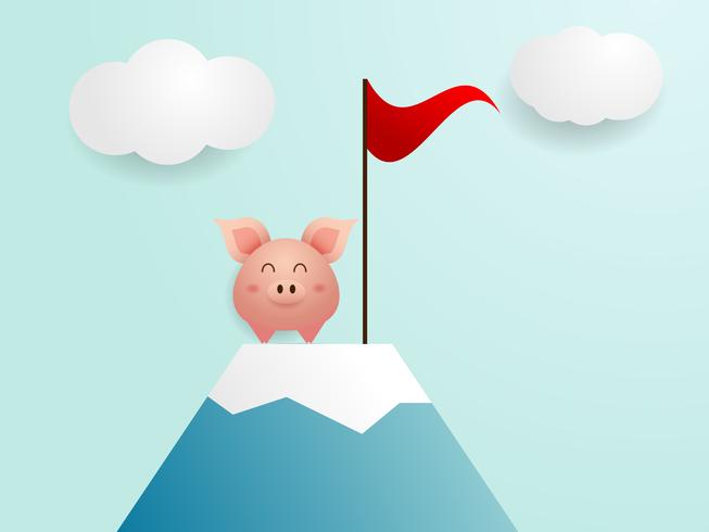 cute pig finish on top of mountain with red flag vector