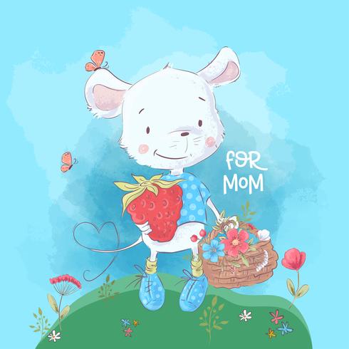 Postcard cute little mouse and flowers. Cartoon style. Vector