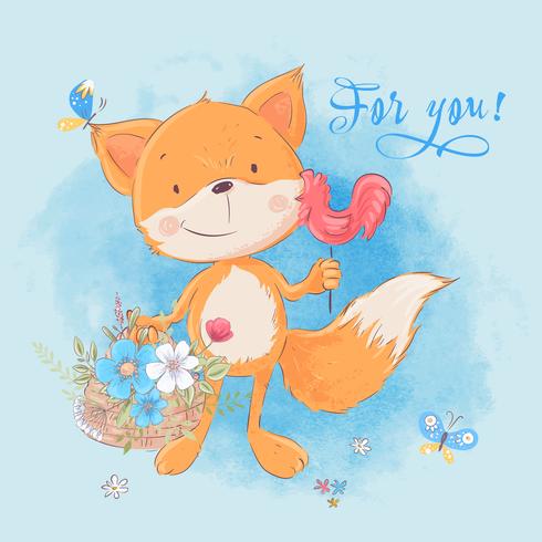 Postcard cute little fox and flowers. Cartoon style. Vector