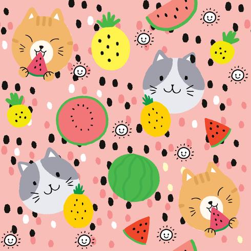 Cartoon cute summer cat and fruits seamless pattern vector. vector