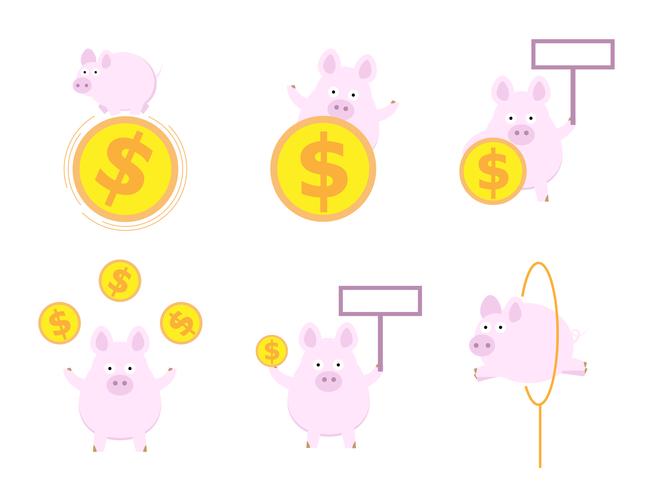 cerdo lindo con dinero moneda diseño plano vector