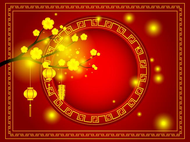 happy chinese new year golden cherry blossom on red background vector