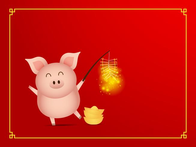 cute pig with firecracker on red background vector