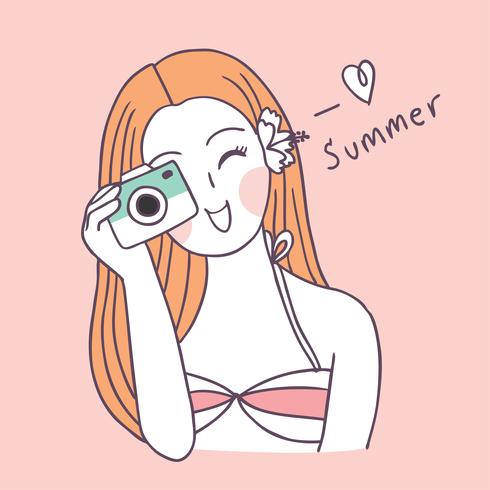 Cartoon cute summer girl with camera vector