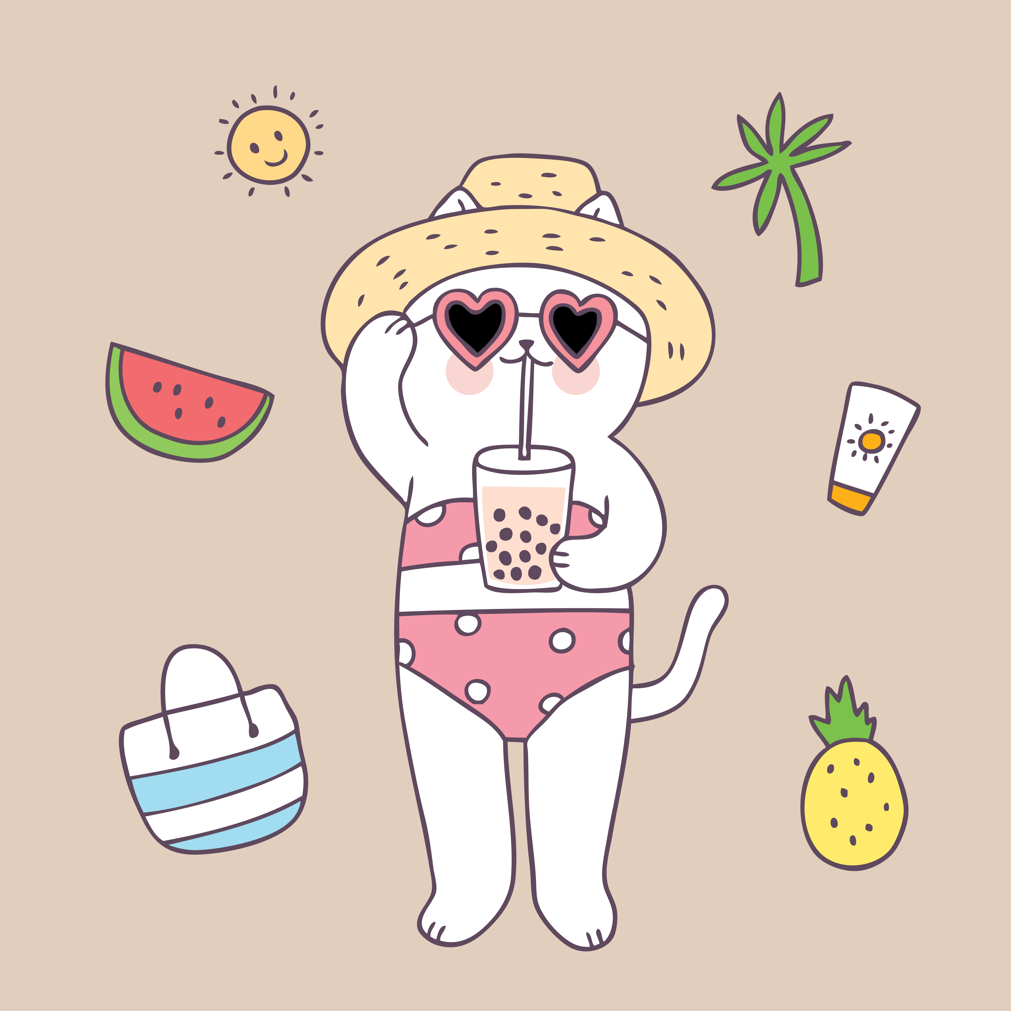 Cartoon Cute Summer Cat On Beach Vector Vector Art At Vecteezy | My XXX ...