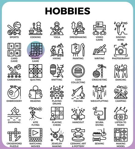 Hobbies and interest detailed line icons vector