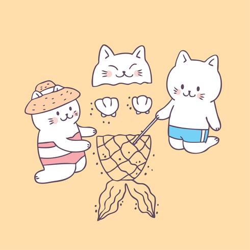 Gatos lindos del verano de la historieta en vector de la playa.