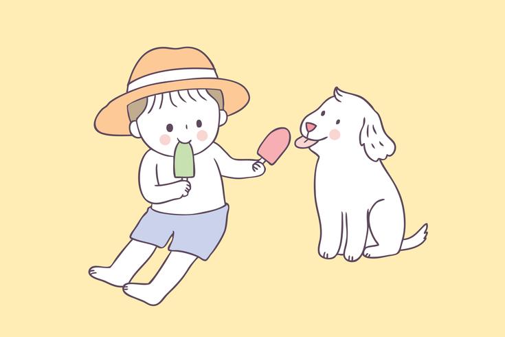 Cartoon cute summer boy and dog and ice cream vector. vector