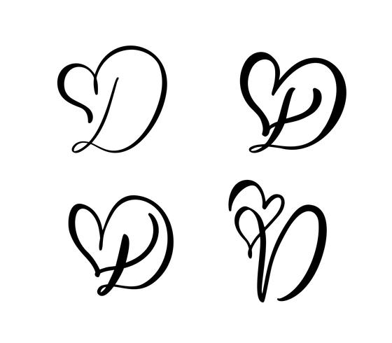 Vector Set of Vintage floral letter monogram D. Calligraphy element Valentine flourish. Hand drawn heart sign for page decoration and design illustration. Love wedding card for invitation