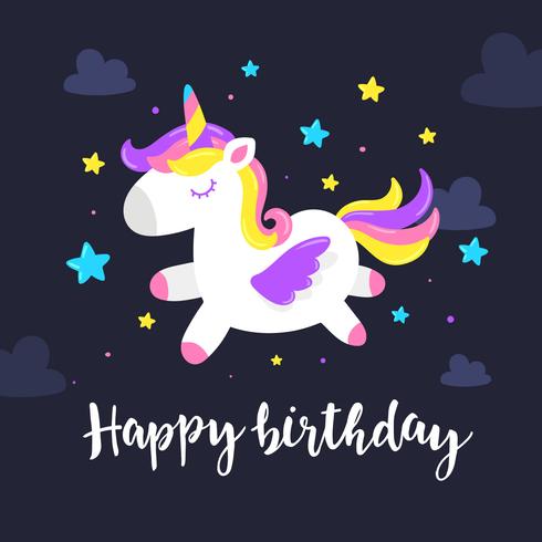 Tarjeta de felicitación de cumpleaños del unicornio vector