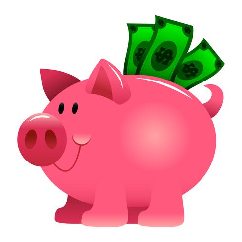 A vector illustration of a cartoon piggy bank stuffed with green dollar bills.