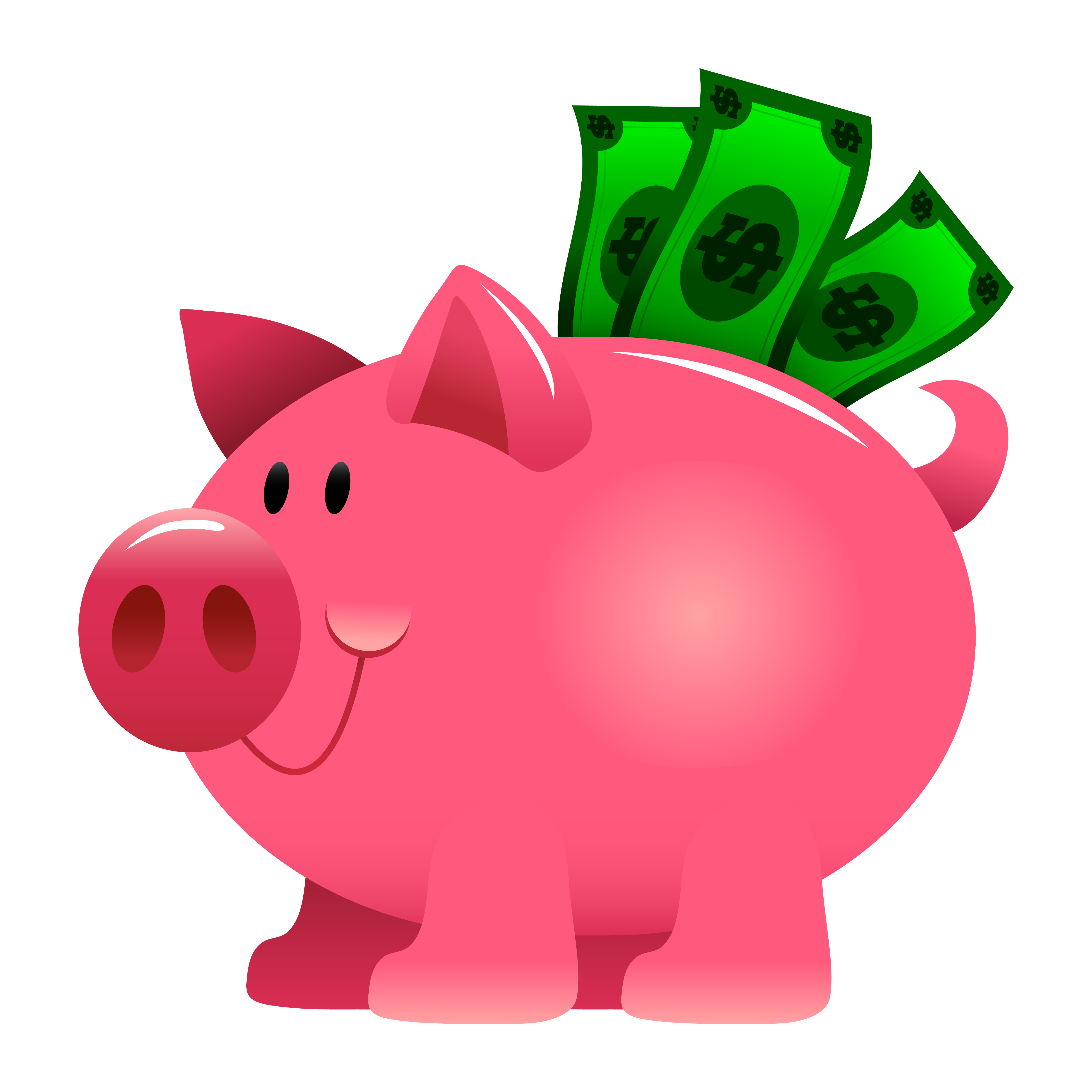 A vector illustration of a cartoon piggy bank stuffed with green dollar ...