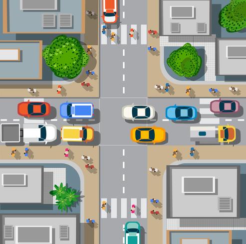 Cruce urbano con coches. vector