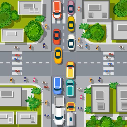 Cruce urbano con coches. vector