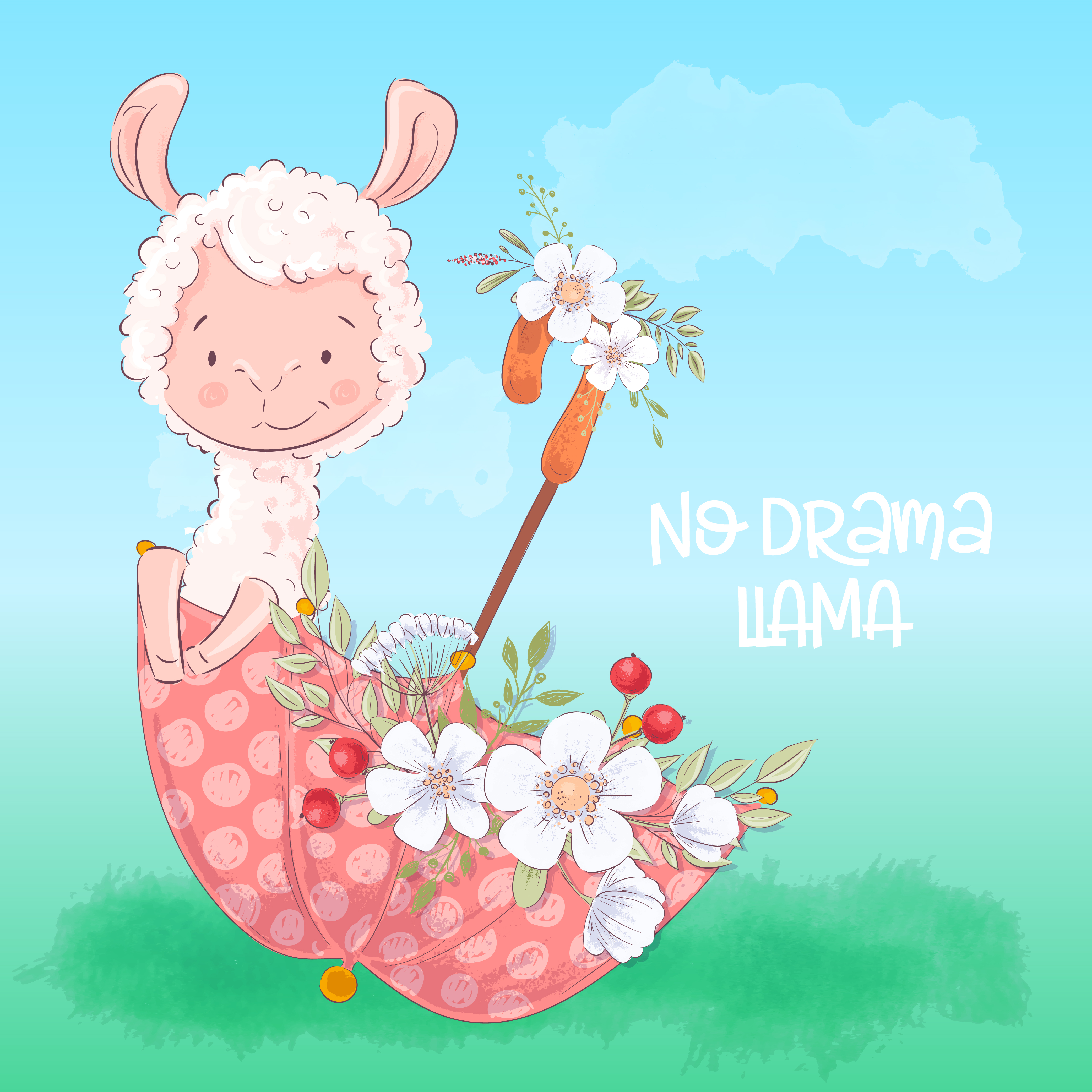 Illustration of a cute llama in an umbrella with flowers. Hand draw