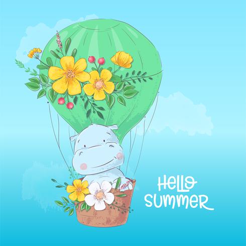 Illustration of a cute hippopotamus in a balloon. Hand draw vector