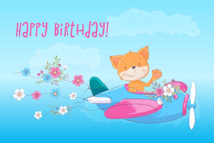 Illustration of a cute fox on a plane. Hand draw vector