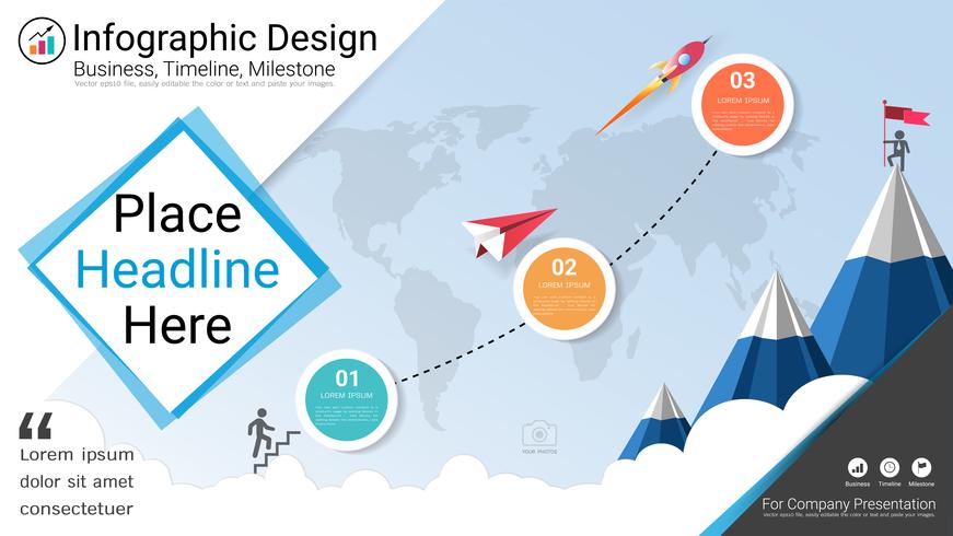 Plantilla de infografías de negocios, línea de tiempo de Milestone o hoja de ruta con opciones de diagrama de flujo de proceso 3. vector