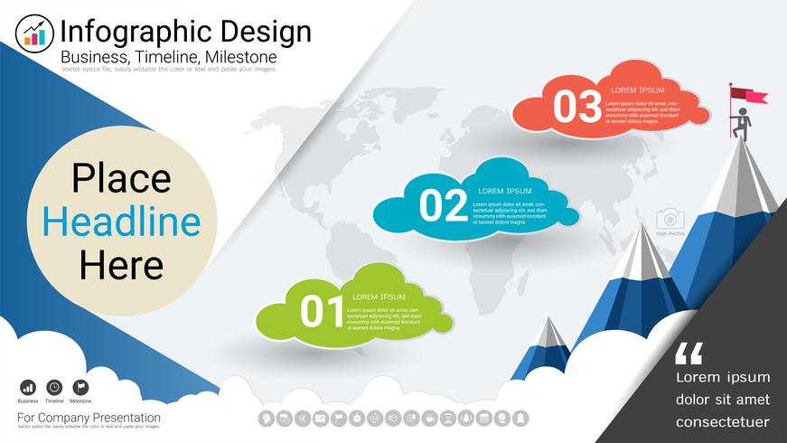 Plantilla de infografías de negocios, línea de tiempo de Milestone o hoja de ruta con opciones de diagrama de flujo de proceso 3. vector