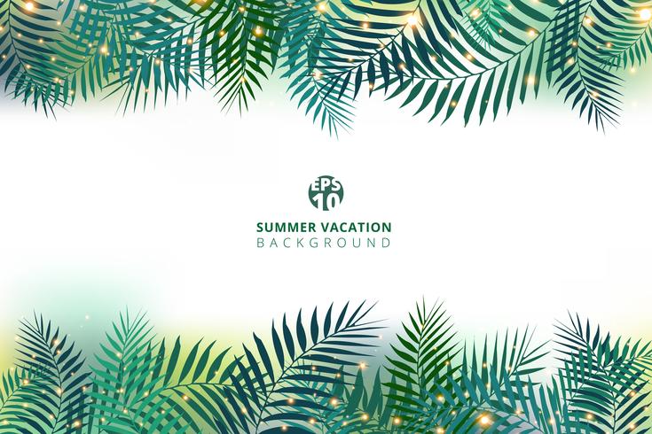 Summer time vacation and green palm leaves with lighting effect on white background. vector