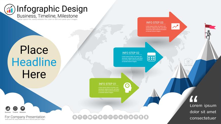 Business infographics template, Milestone timeline or Road map with Process flowchart 3 options. vector