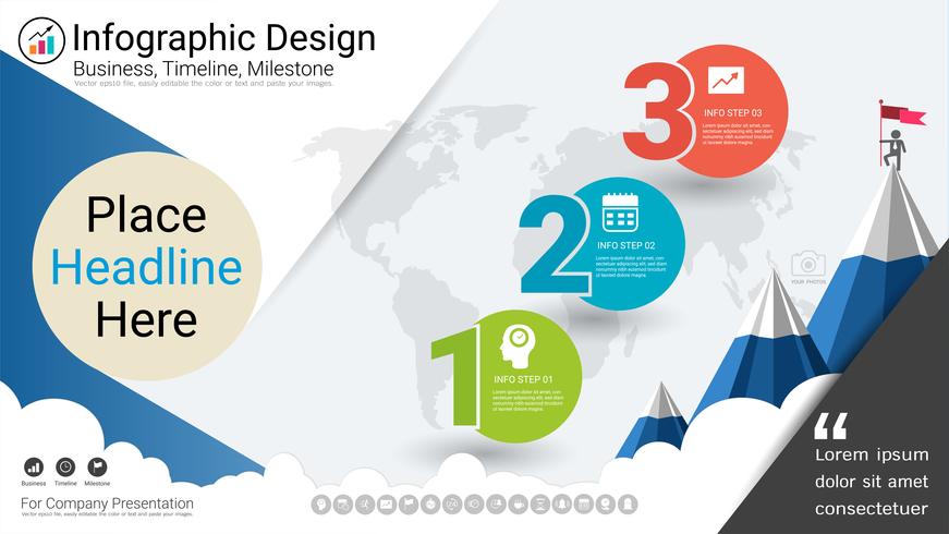 Plantilla de infografías de negocios, línea de tiempo de Milestone o hoja de ruta con opciones de diagrama de flujo de proceso 3 vector