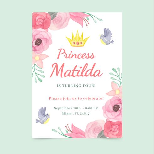 Invitación de princesa acuarela con flores y pájaros vector