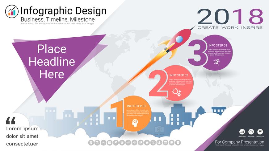 Plantilla de infografías de negocios, línea de tiempo de Milestone o hoja de ruta con opciones de diagrama de flujo de proceso 3. vector