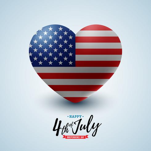 4th of July Independence Day of the USA Vector Illustration with American Flag in Heart. Fourth of July National Celebration Design