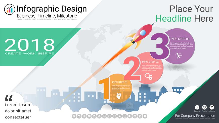 Plantilla de infografías de negocios, línea de tiempo de Milestone o hoja de ruta con opciones de diagrama de flujo de proceso 3. vector