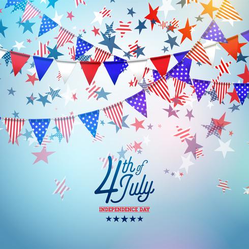 4th of July Independence Day of the USA Vector Illustration. Fourth of July American national Celebration Design with Flag and Stars on Blue and White Confetti Background